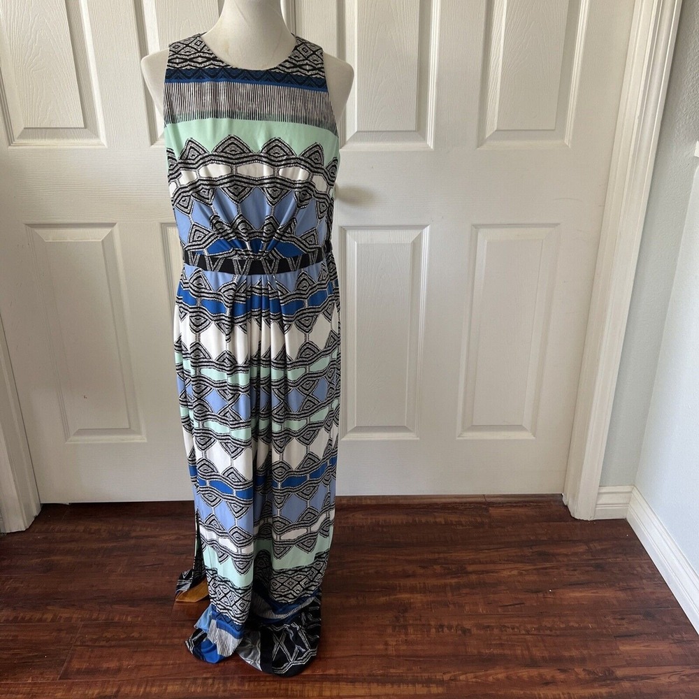 Donna Morgan Womens Maxi Dress Size 12 Lined Blue Stretch Boho Beach Geometric
